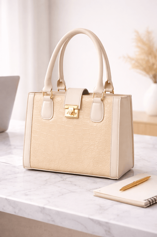 Cream Croc - Embossed Handbag for Stylish Elegance - Bagmora