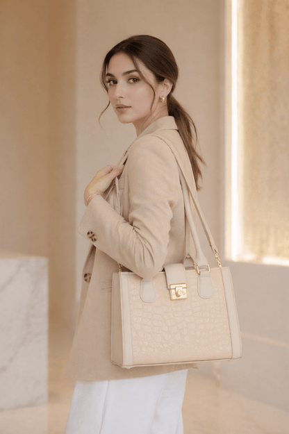Cream Croc - Embossed Handbag for Stylish Elegance - Bagmora