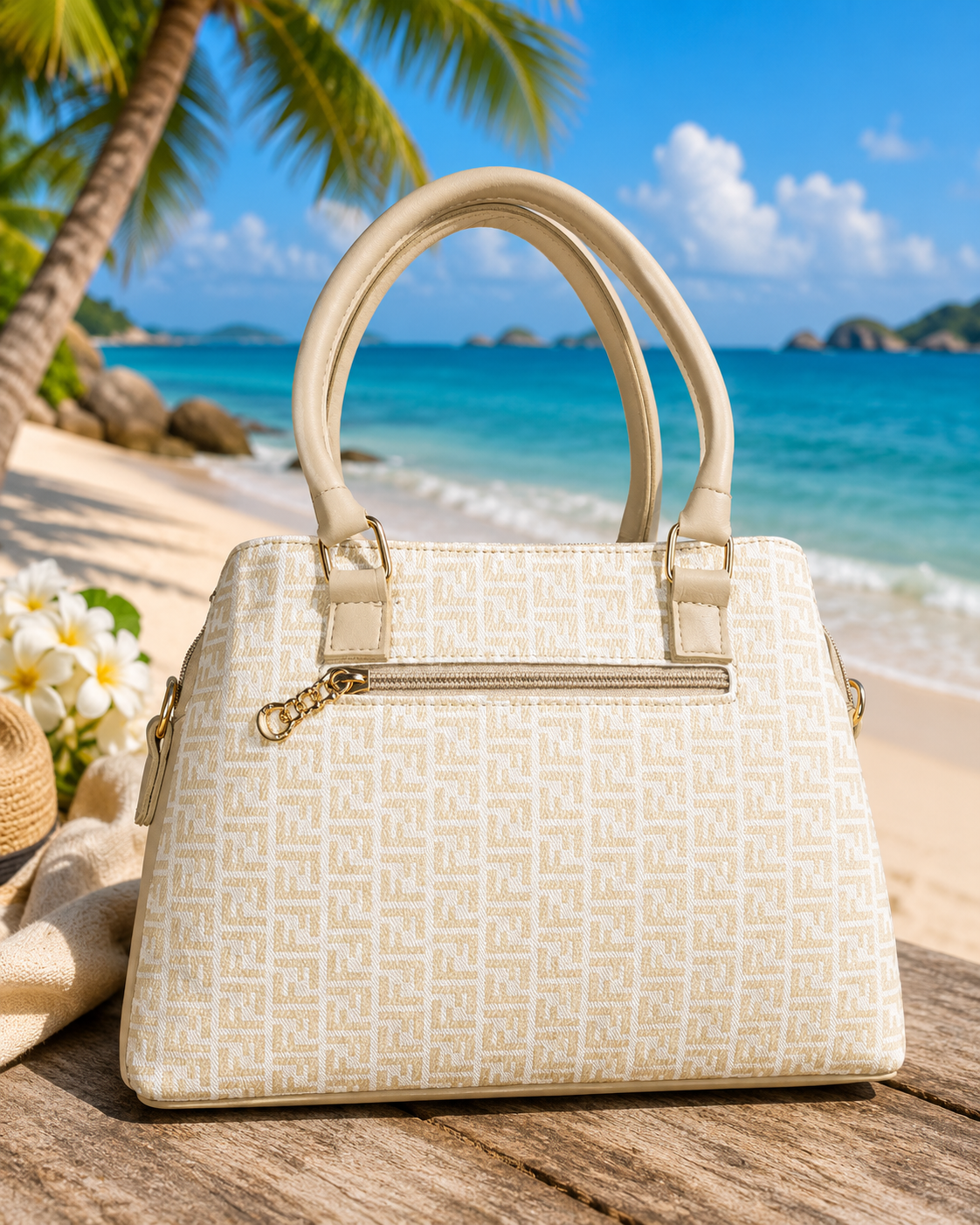 Elegant Beige Jacquard Handbag